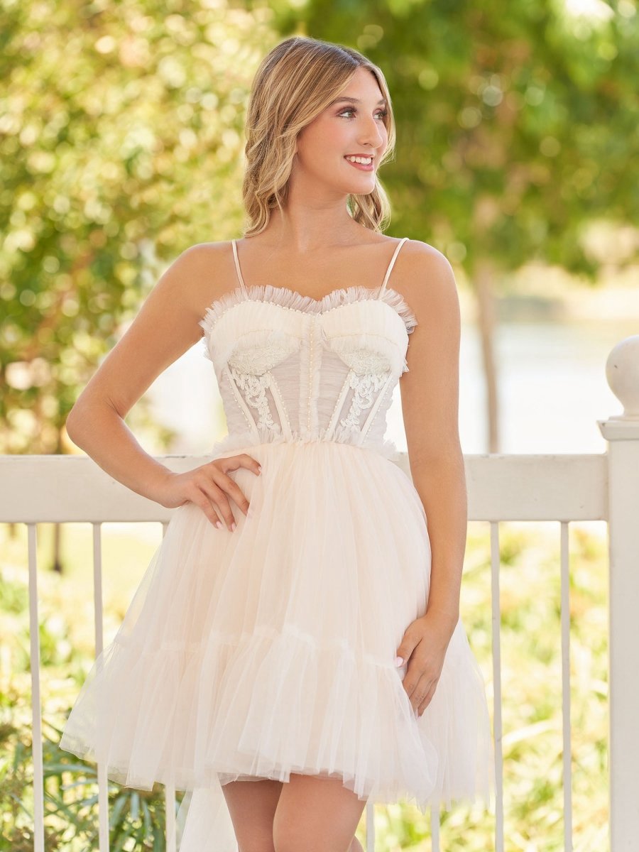 Spaghetti Straps Tulle Lace Appliques Short Prom Dresses with Bow