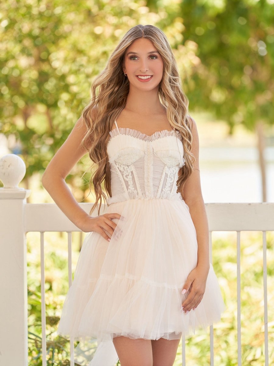 Spaghetti Straps Tulle Lace Appliques Short Prom Dresses with Bow
