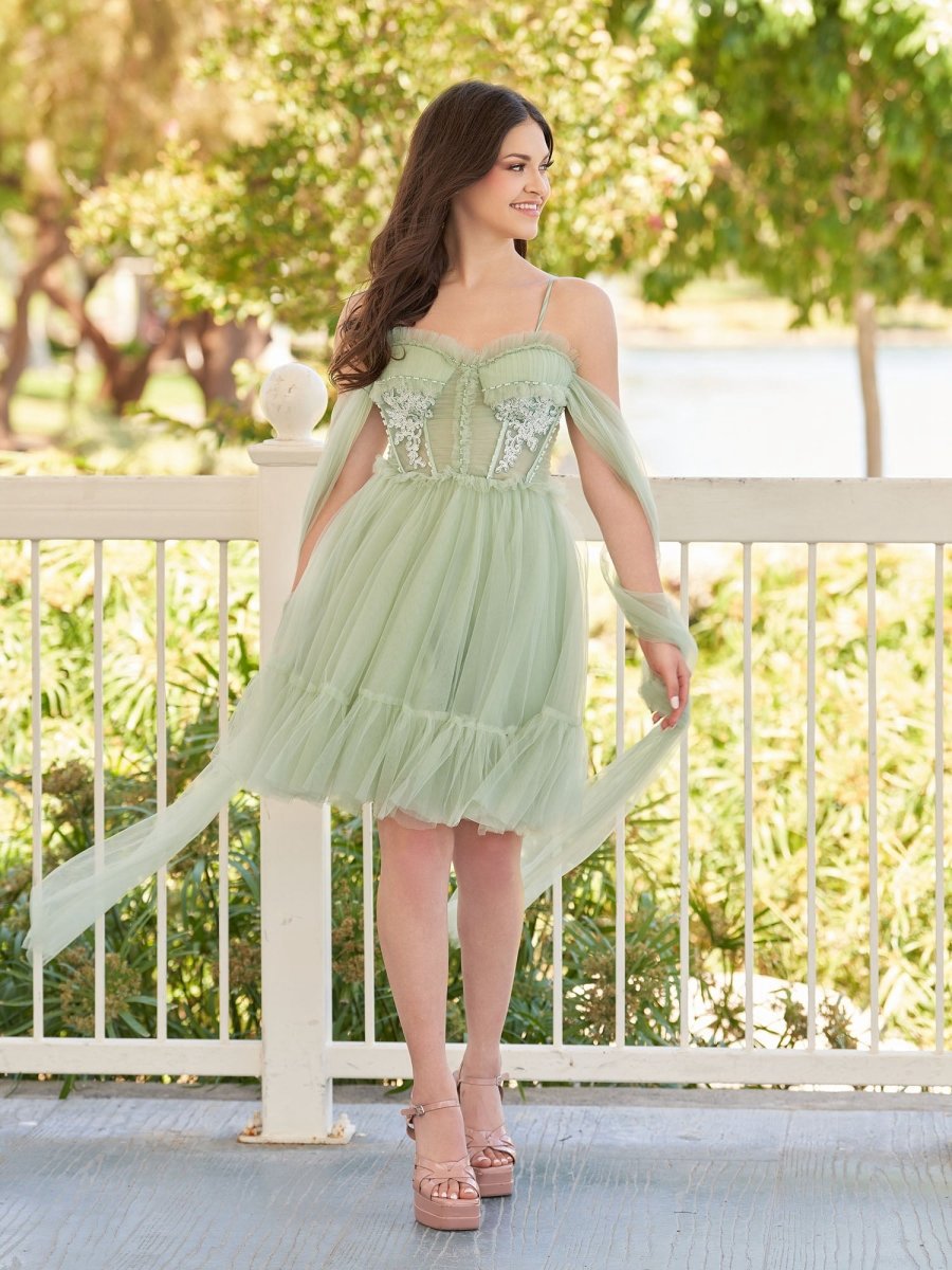 Spaghetti Straps Tulle Lace Appliques Short Prom Dresses with Bow