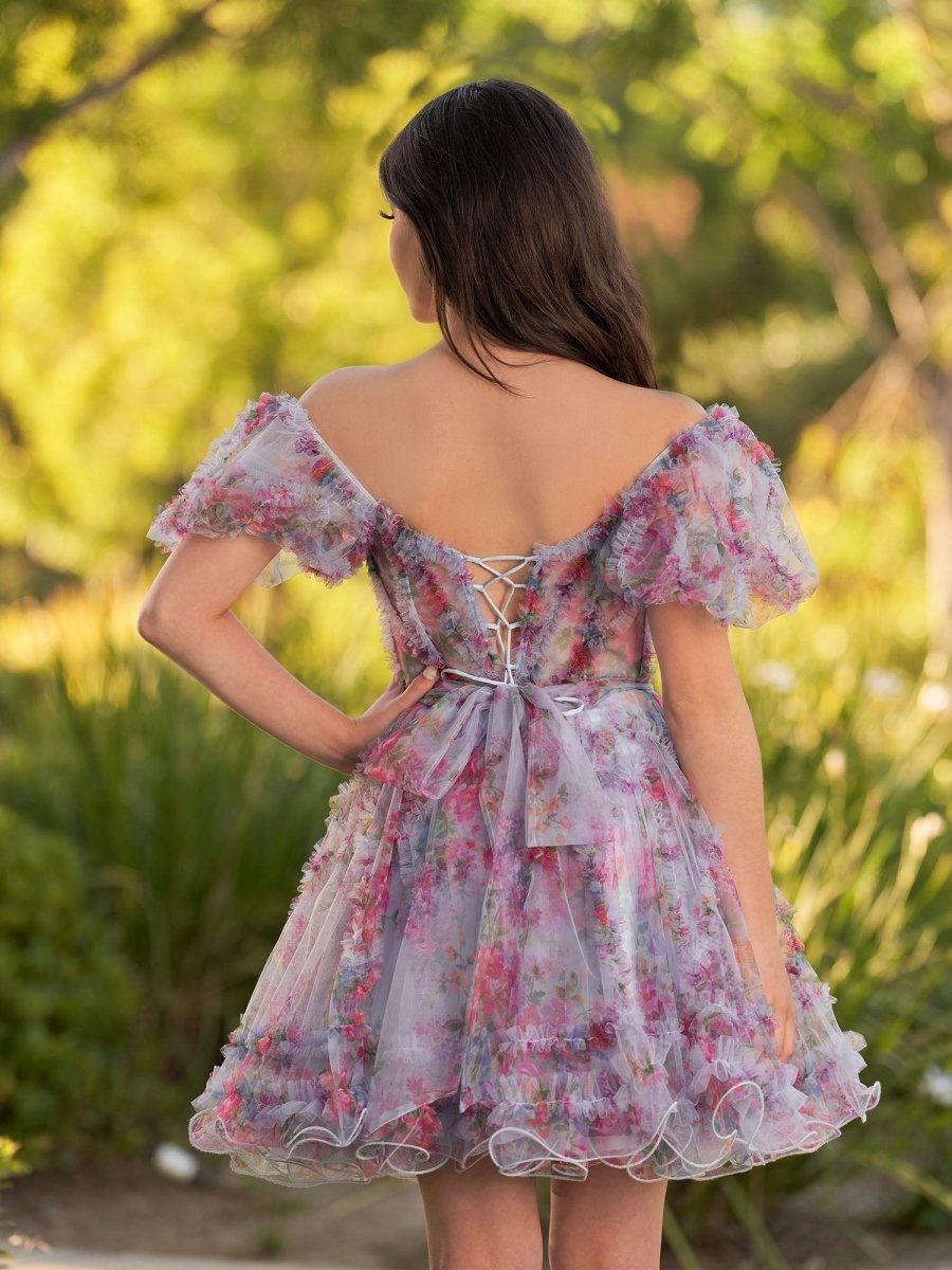 A-line Off the Shoulder Printed Tulle Short Homecoming Dresses