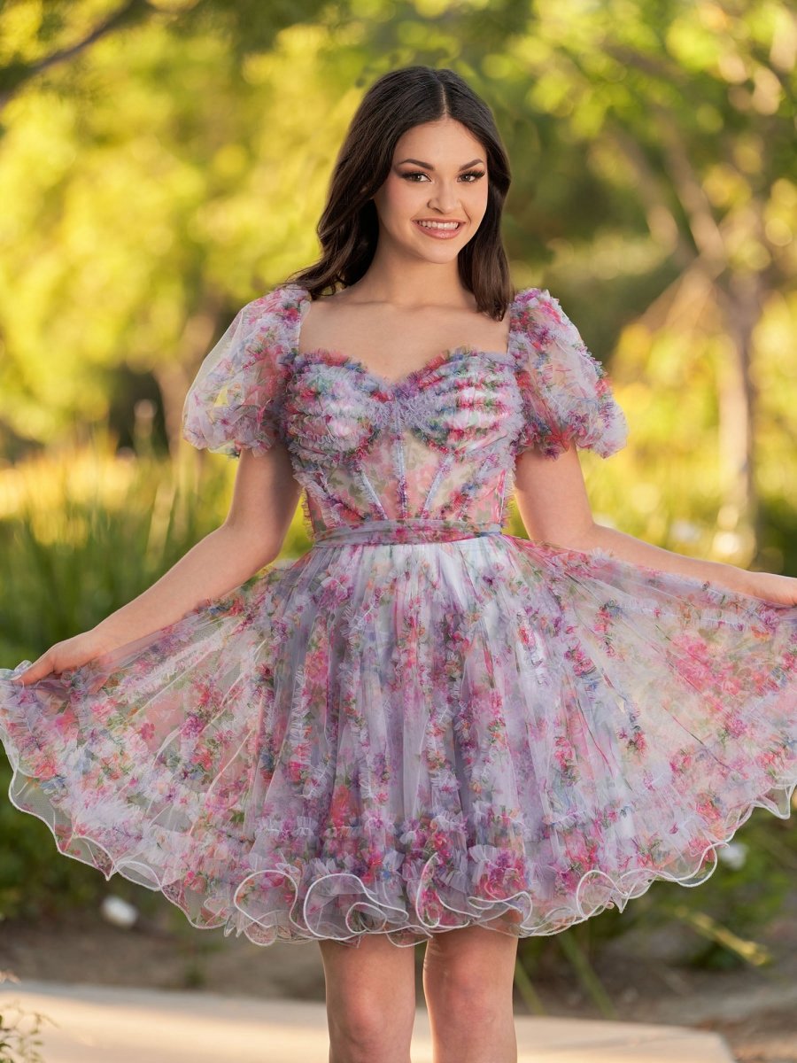 A-line Off the Shoulder Printed Tulle Short Homecoming Dresses