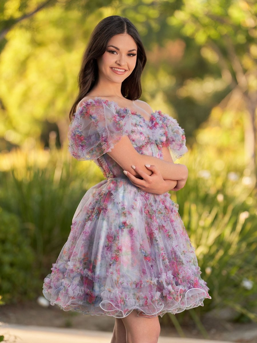 A-line Off the Shoulder Printed Tulle Short Homecoming Dresses