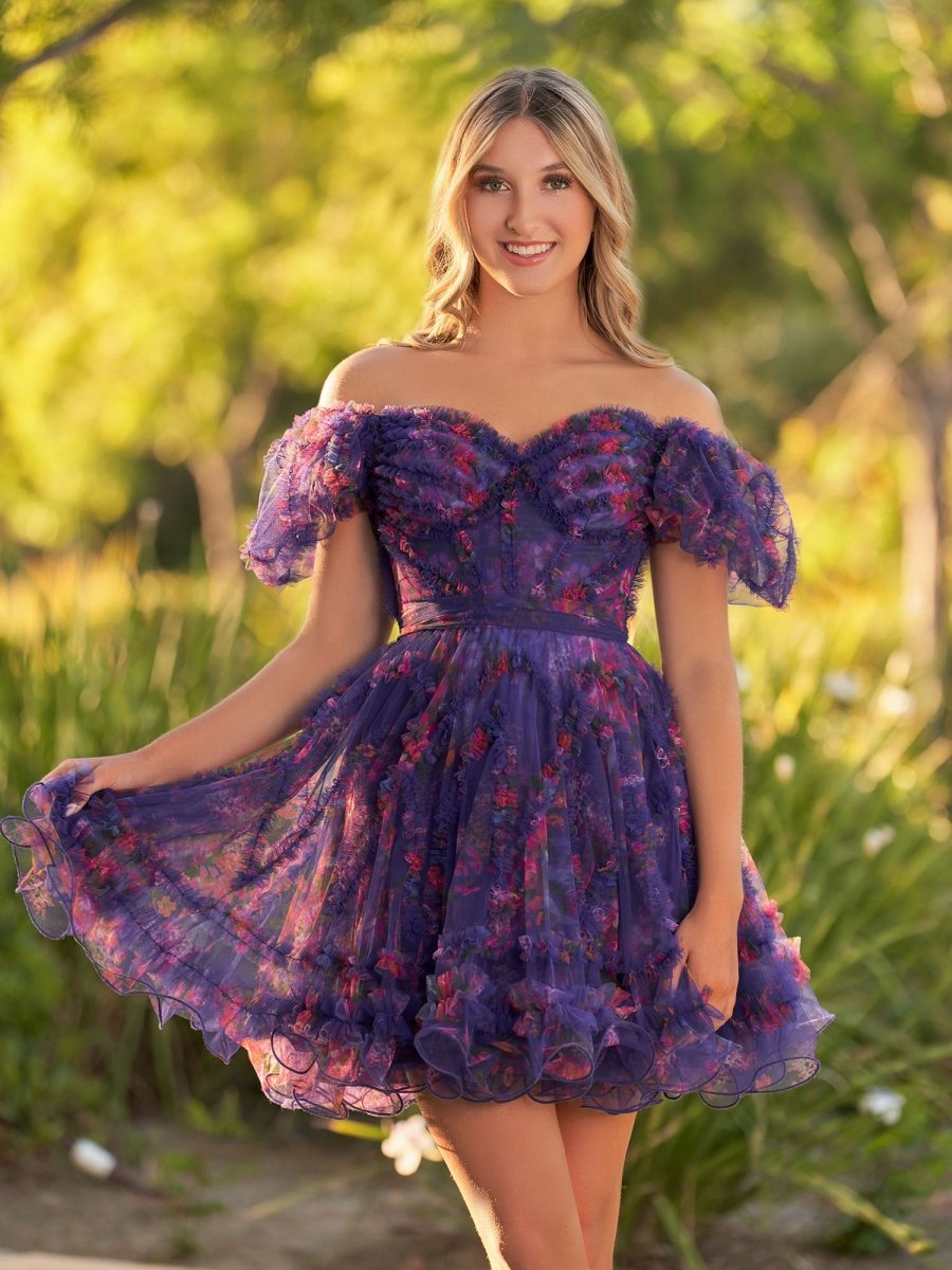 A-line Off the Shoulder Printed Tulle Short Homecoming Dresses