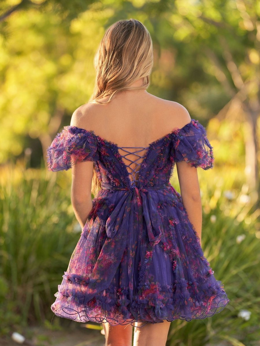 A-line Off the Shoulder Printed Tulle Short Homecoming Dresses