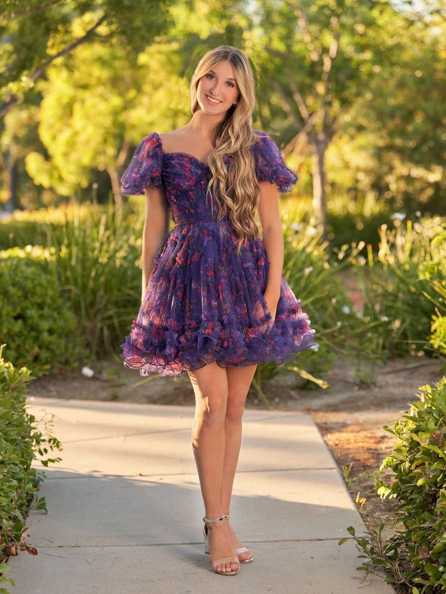 A-line Off the Shoulder Printed Tulle Short Homecoming Dresses