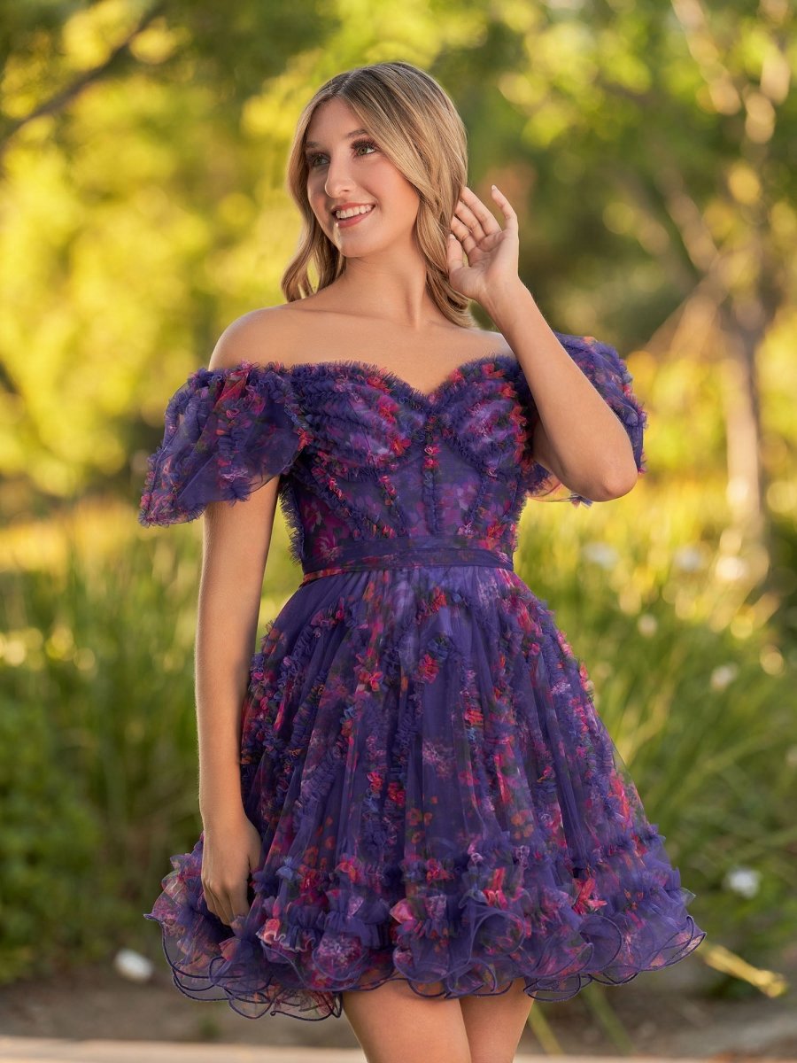 A-line Off the Shoulder Printed Tulle Short Homecoming Dresses