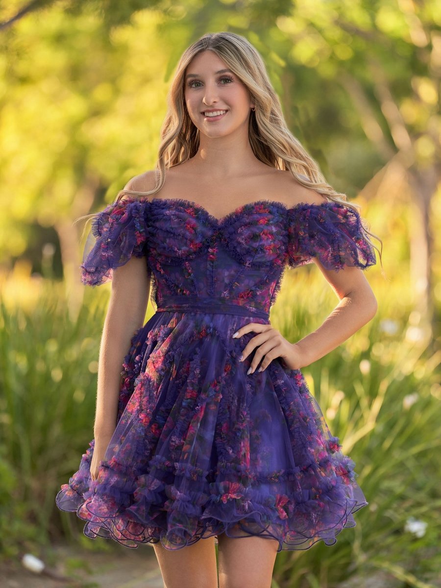 A-line Off the Shoulder Printed Tulle Short Homecoming Dresses