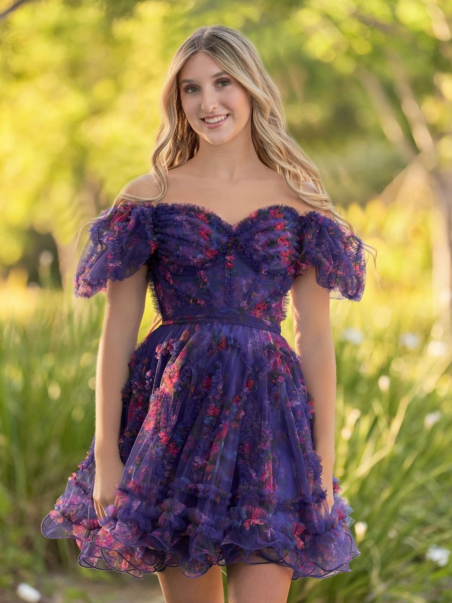 A-line Off the Shoulder Printed Tulle Short Homecoming Dresses