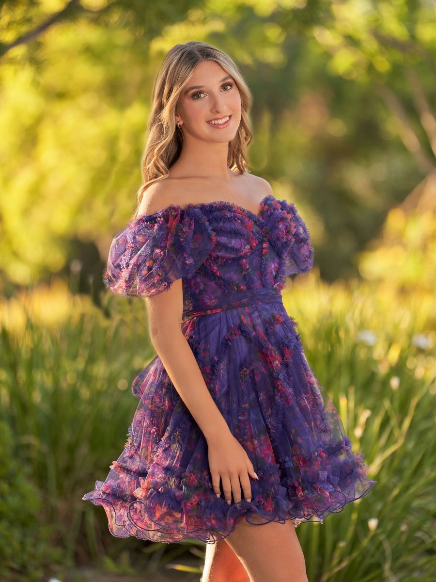 A-line Off the Shoulder Printed Tulle Short Homecoming Dresses