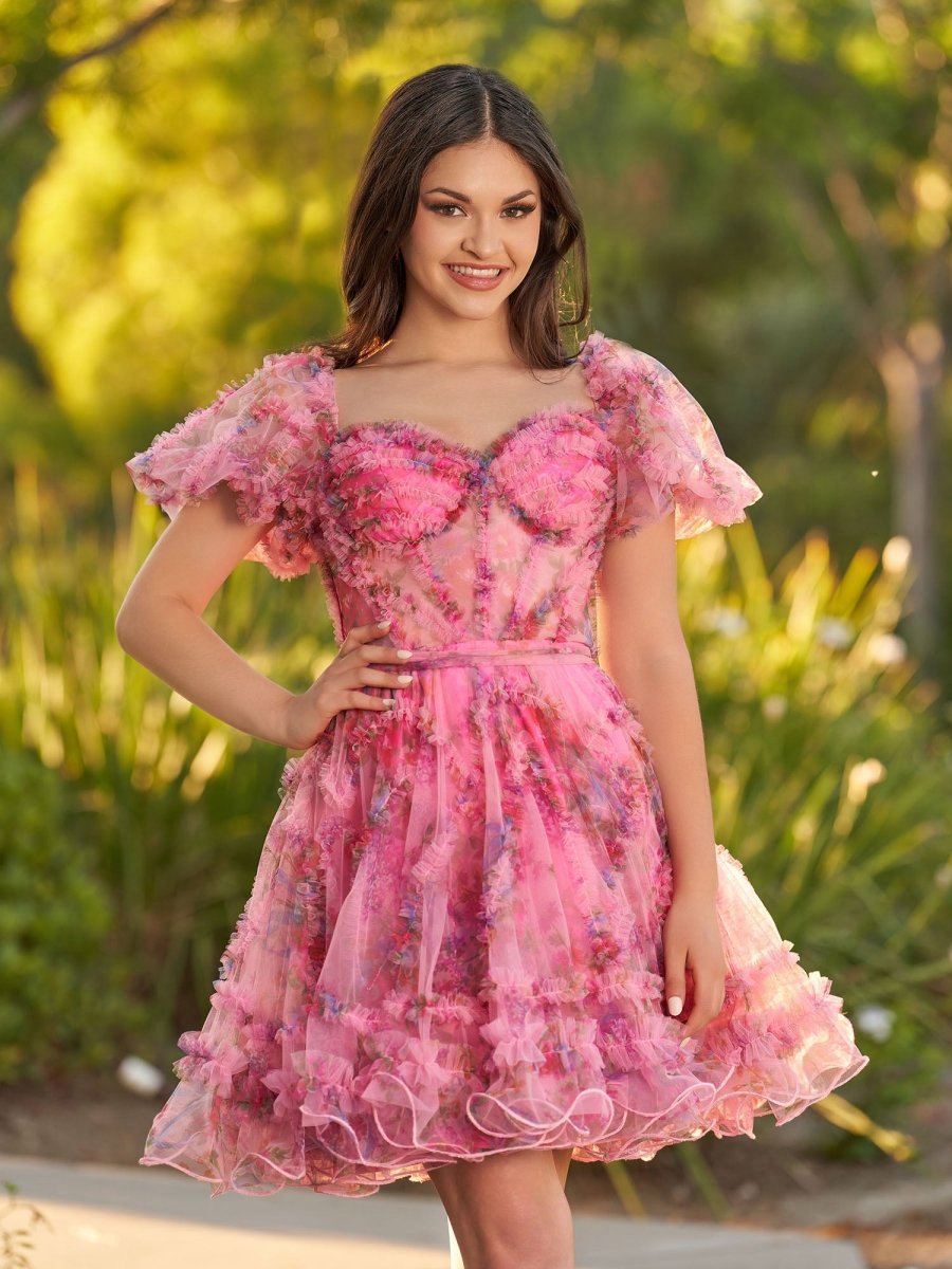A-line Off the Shoulder Printed Tulle Short Homecoming Dresses