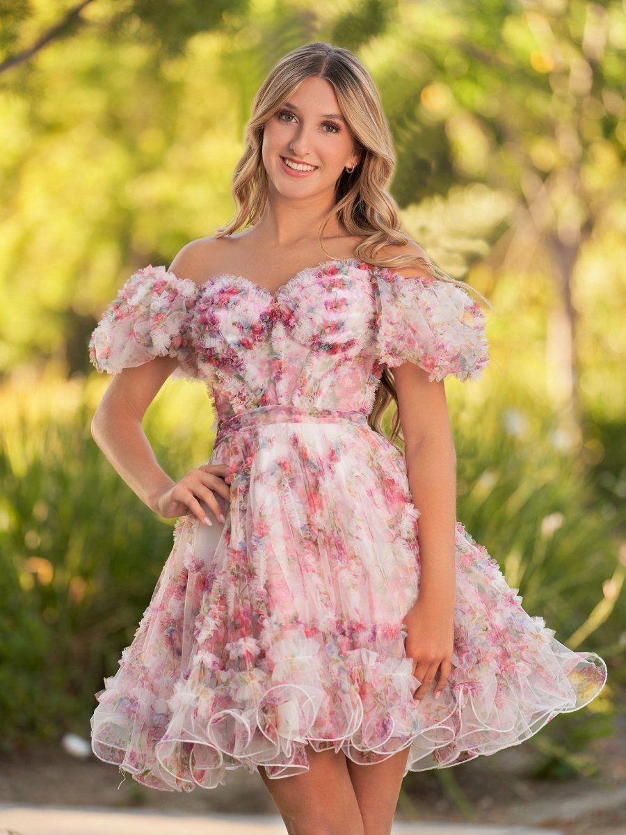 A-line Off the Shoulder Printed Tulle Short Homecoming Dresses
