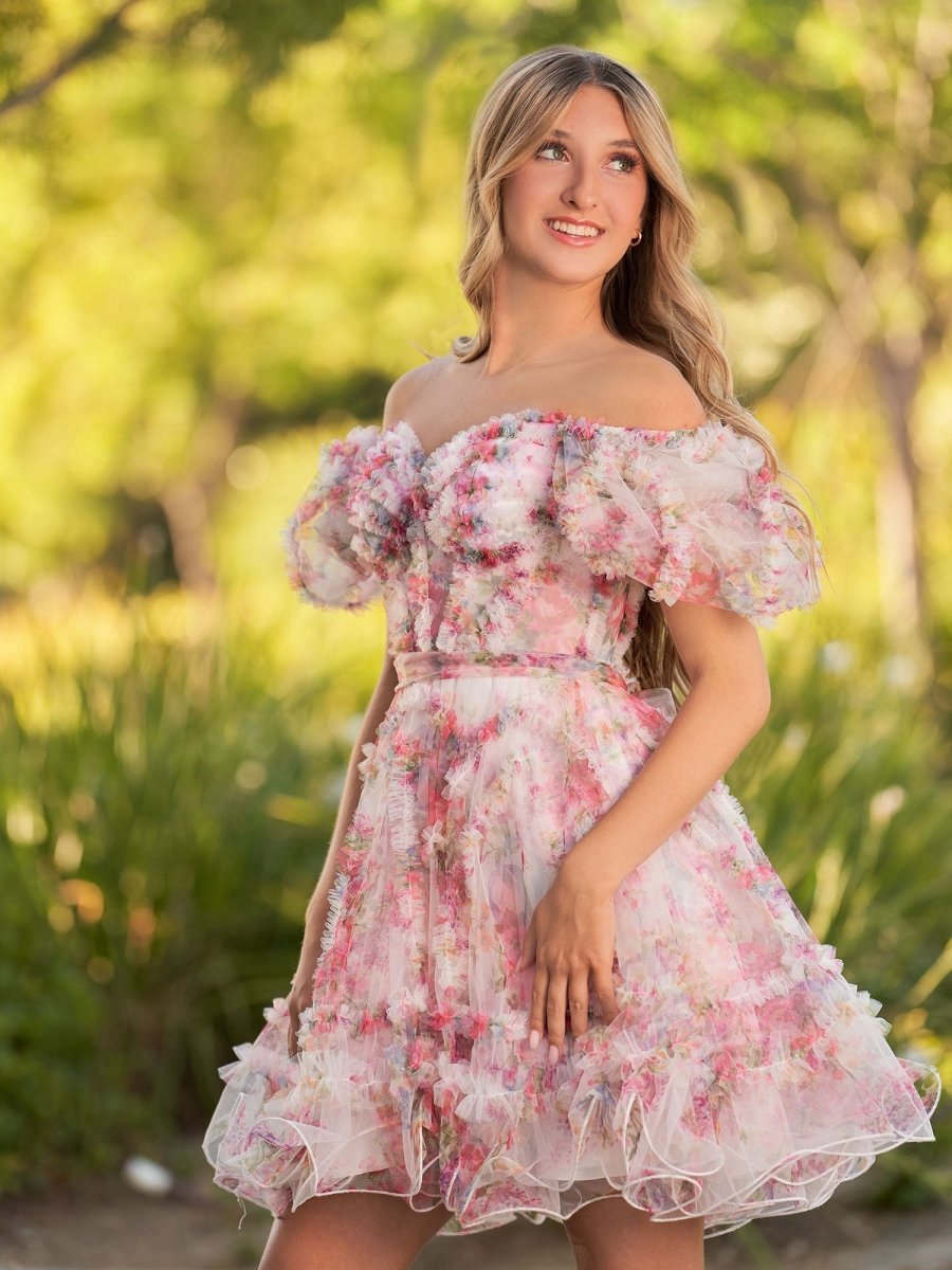 A-line Off the Shoulder Printed Tulle Short Homecoming Dresses