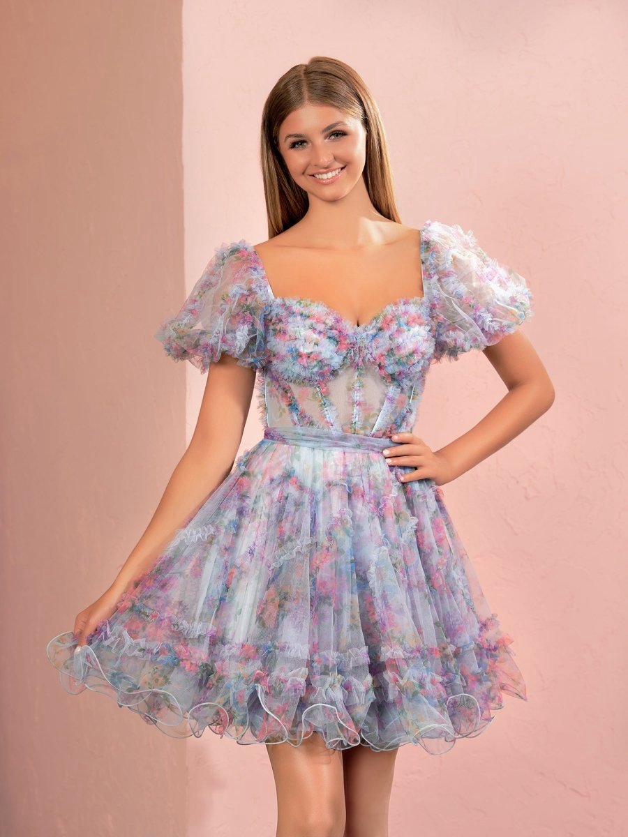 A-line Off the Shoulder Printed Tulle Short Homecoming Dresses