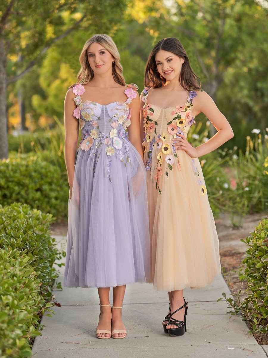 3D Flower Tulle Ankle Length Prom Dresses