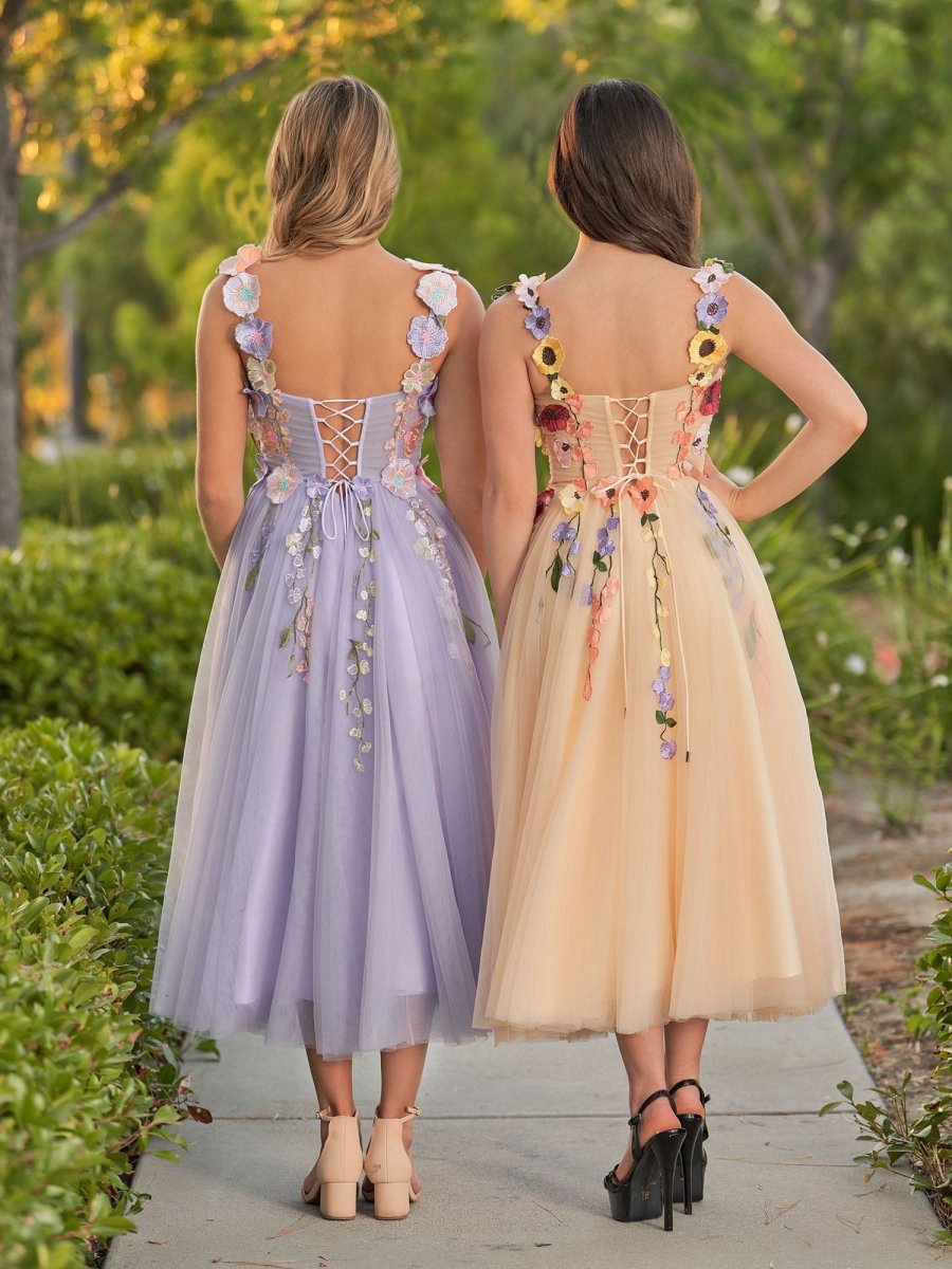 3D Flower Tulle Ankle Length Prom Dresses