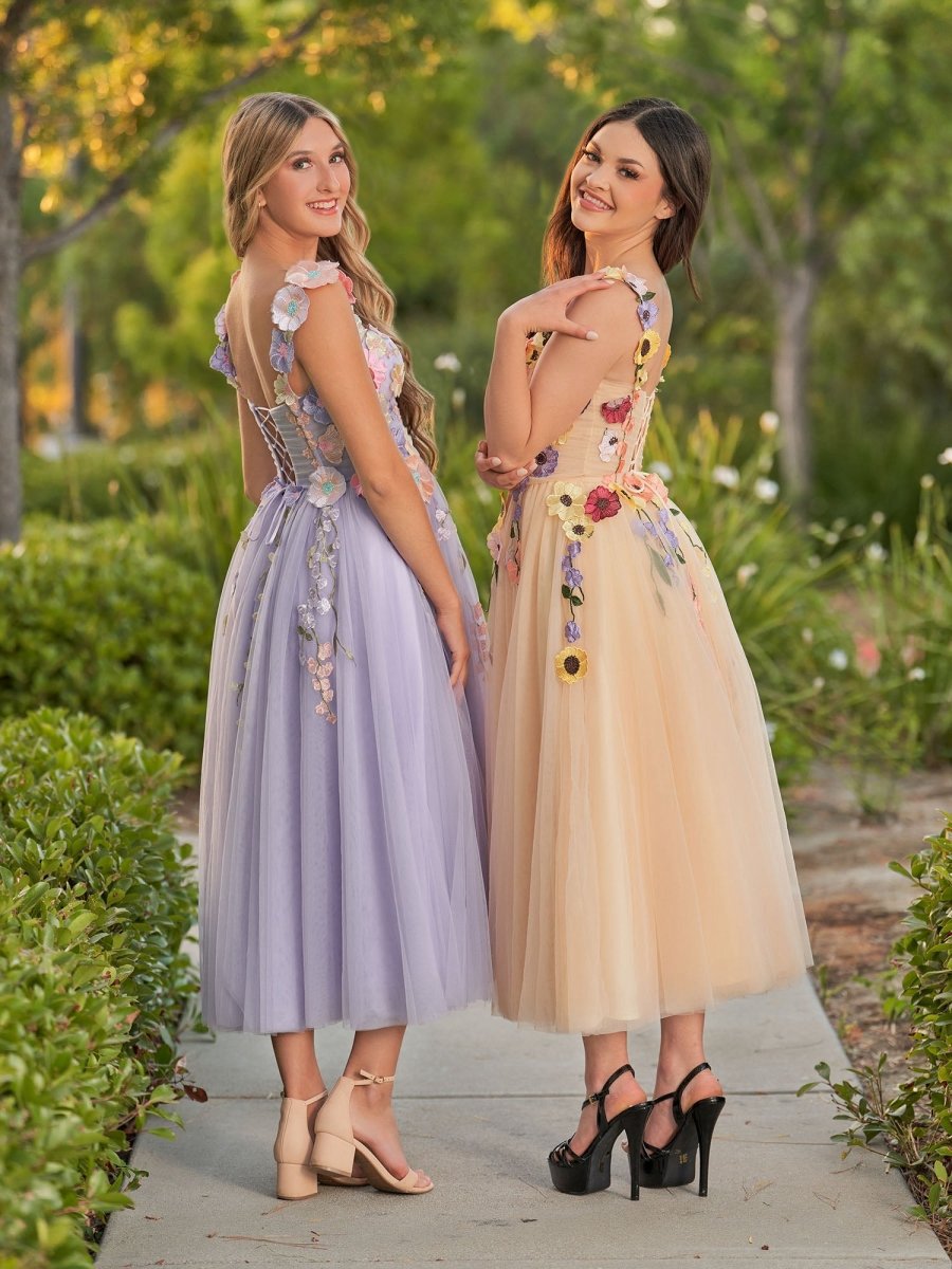 3D Flower Tulle Ankle Length Prom Dresses