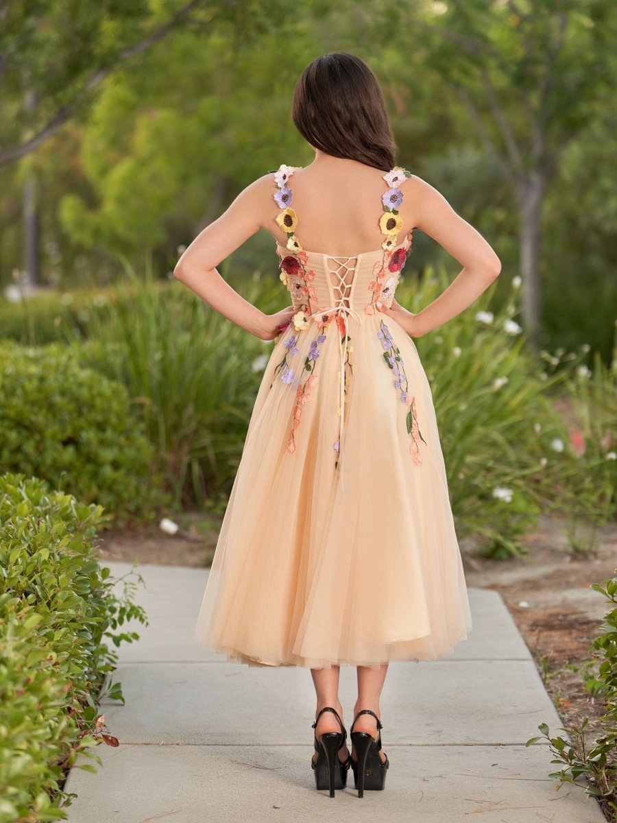 3D Flower Tulle Ankle Length Prom Dresses