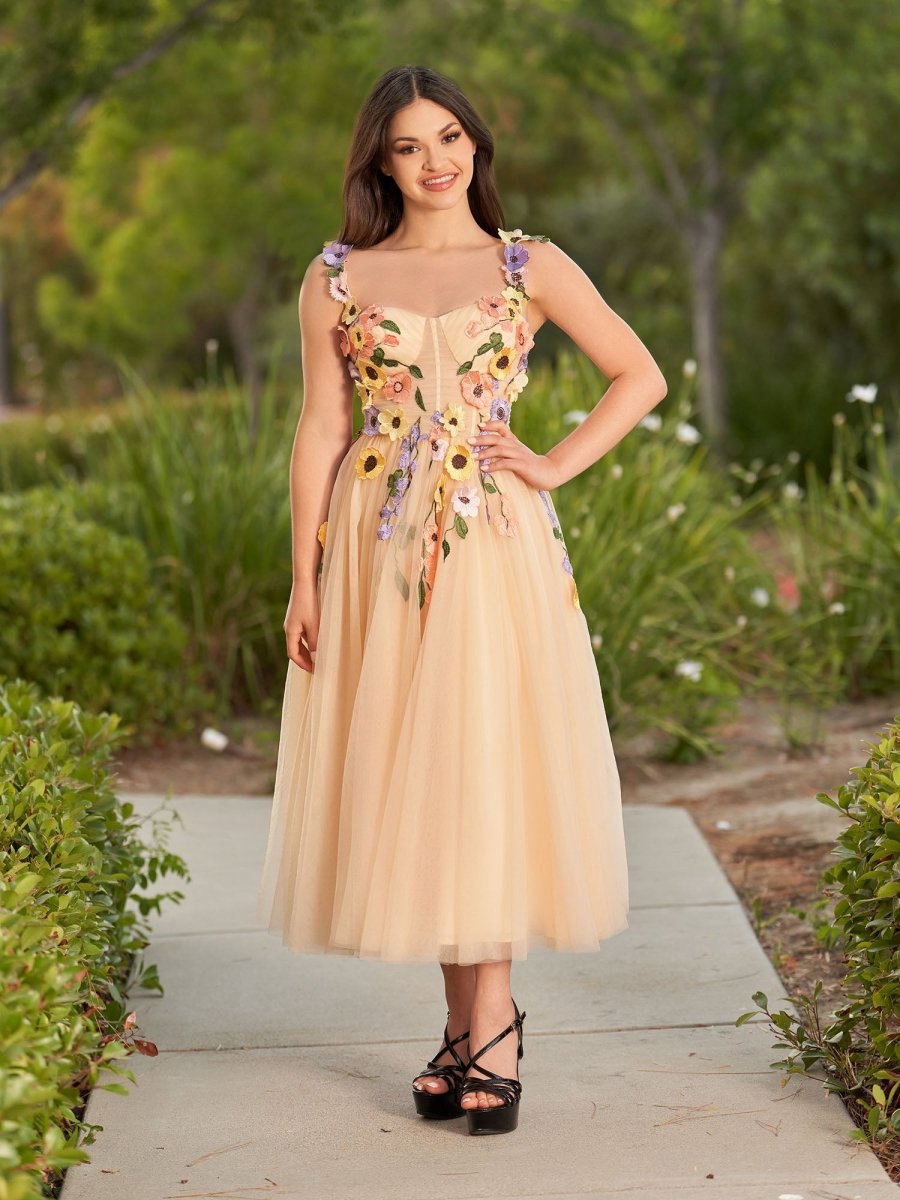3D Flower Tulle Ankle Length Prom Dresses