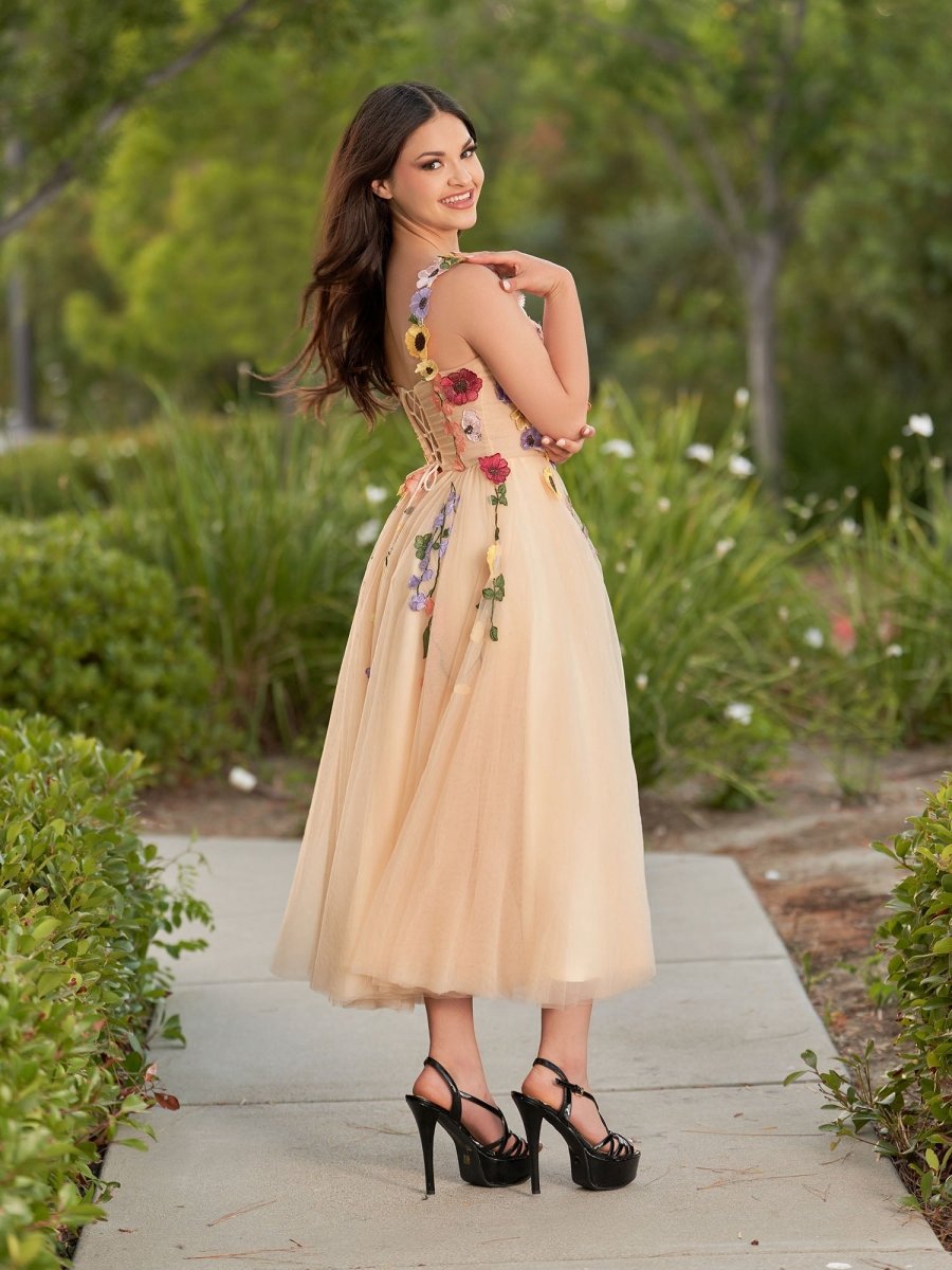 3D Flower Tulle Ankle Length Prom Dresses