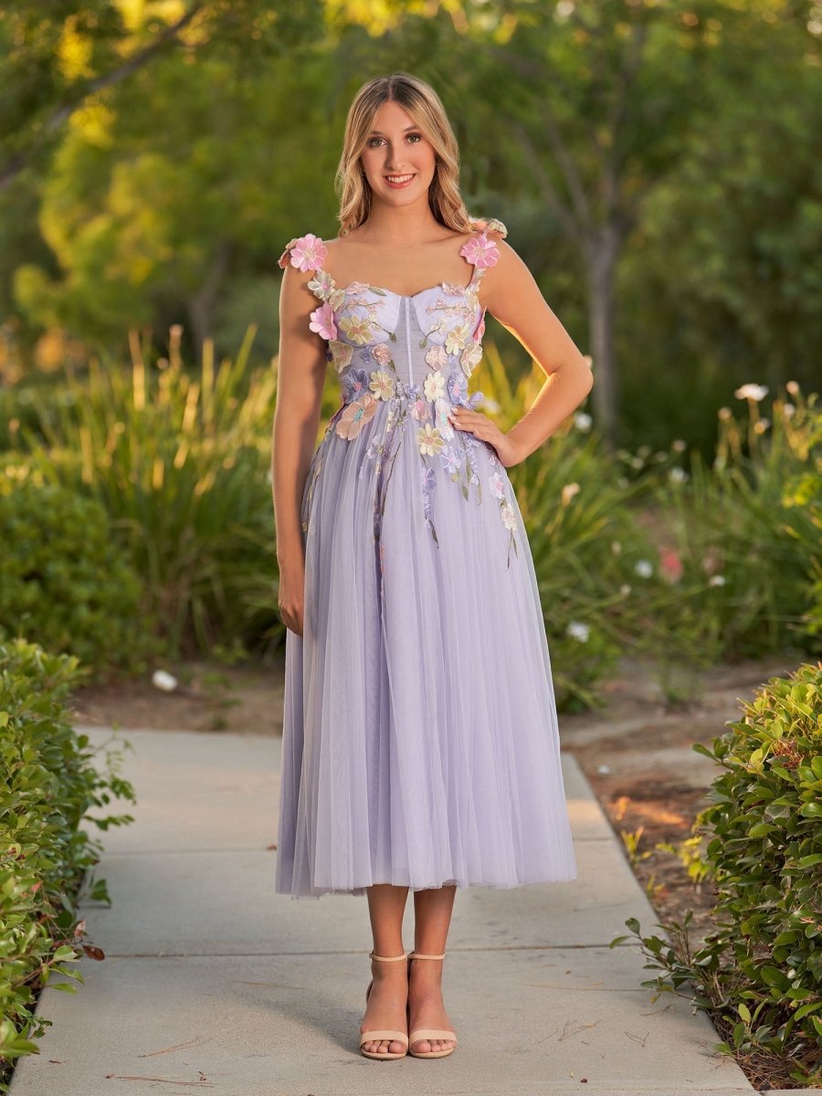 3D Flower Tulle Ankle Length Prom Dresses