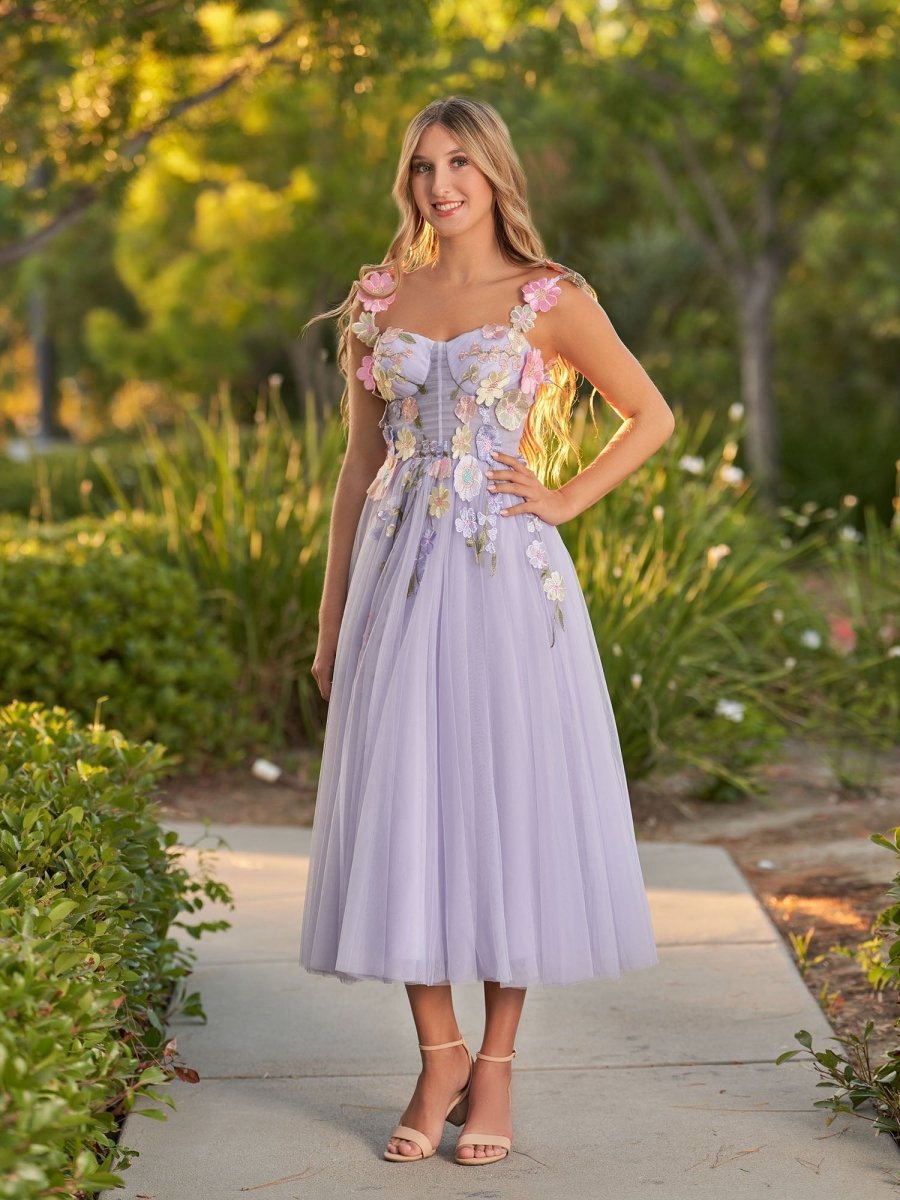 3D Flower Tulle Ankle Length Prom Dresses