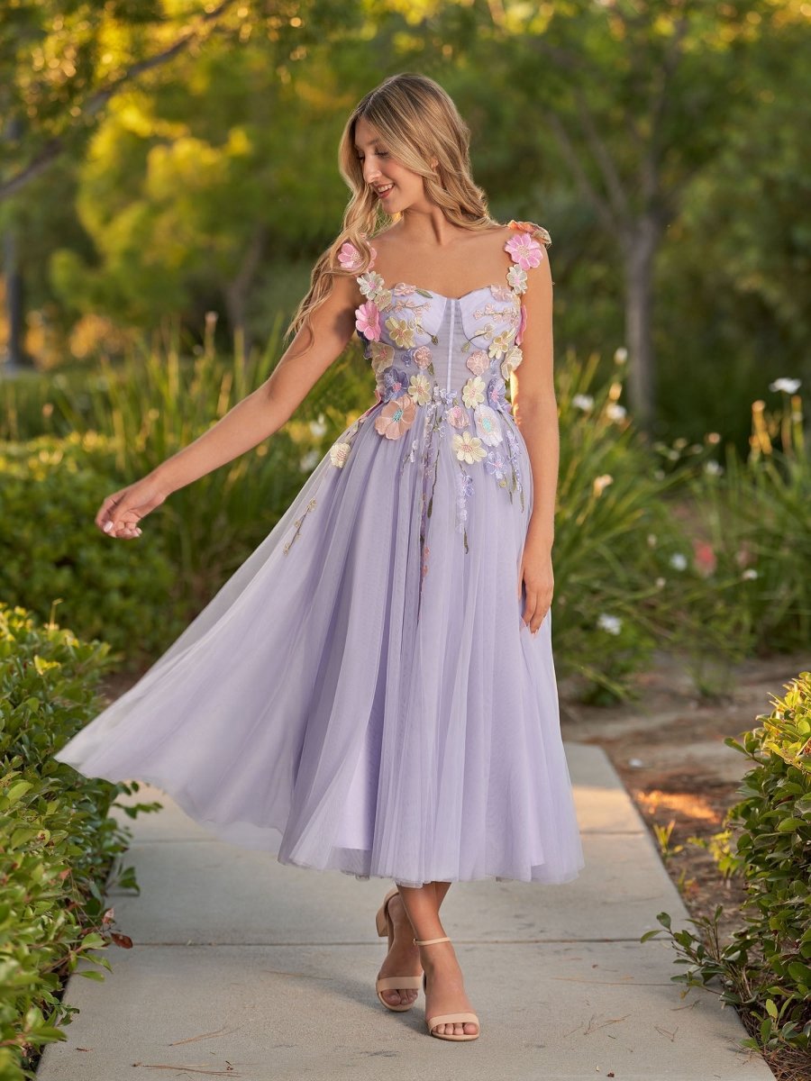 3D Flower Tulle Ankle Length Prom Dresses