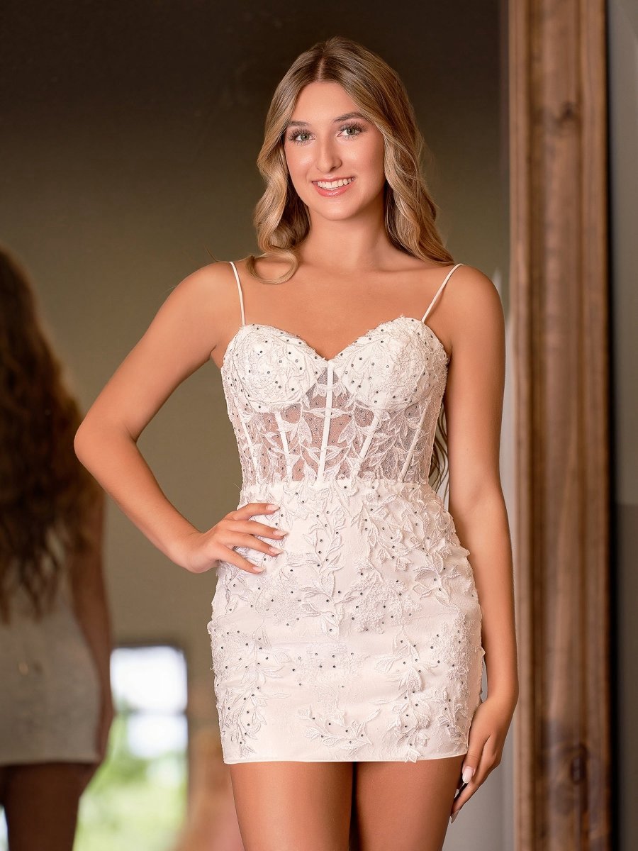 Spaghetti Straps Tight Short Homecoming Dresses with Appliques