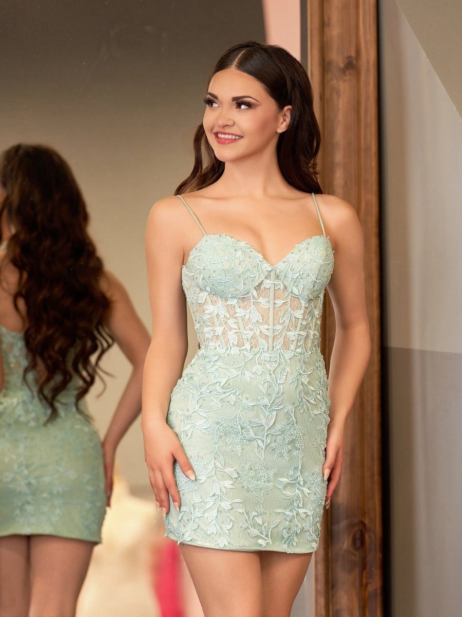 Spaghetti Straps Tight Short Homecoming Dresses with Appliques