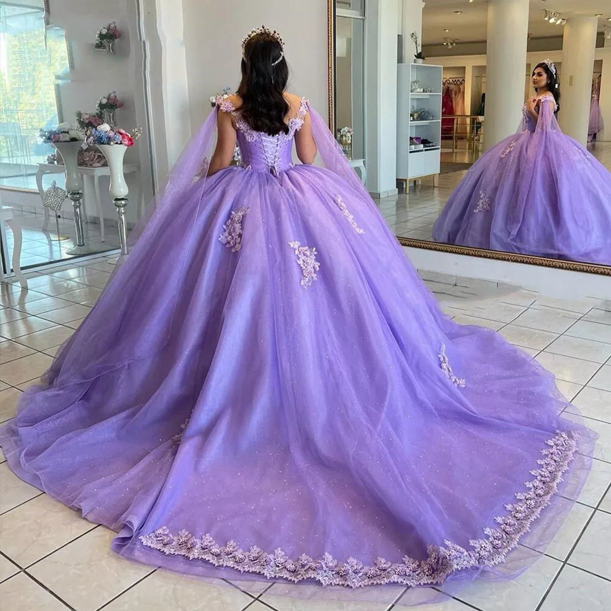 Ball-Gown Tulle Quinceanera Dresses 3D Flowers with Cape