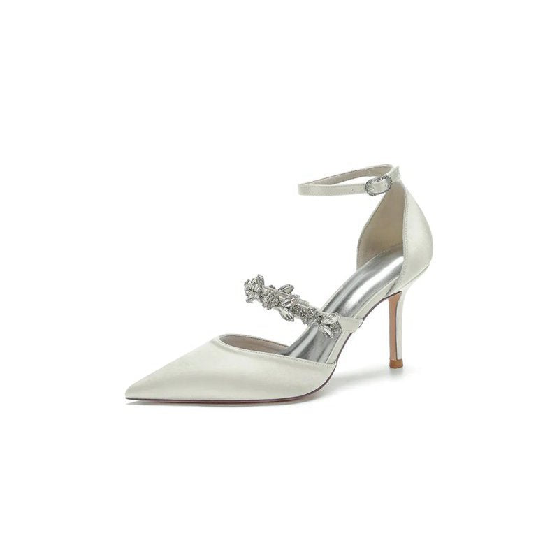 Crystal Strap Pointed Toe Satin High Heels