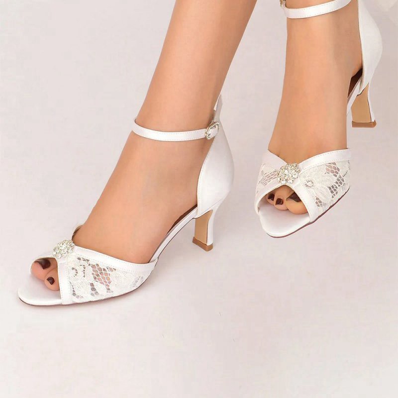Lace Beaded Peep Toe Imitated Silk High Heels