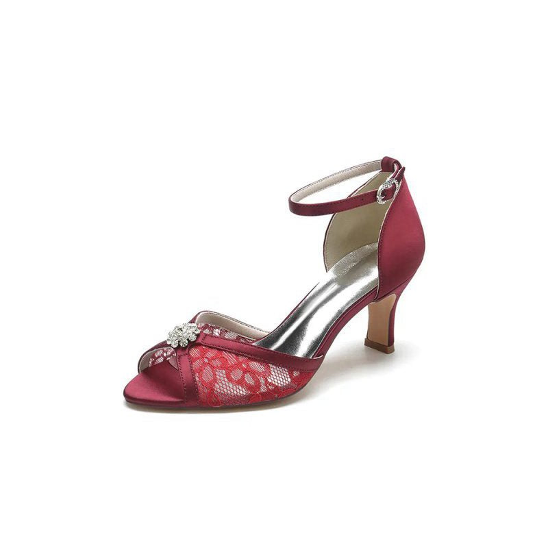 Lace Beaded Peep Toe Imitated Silk High Heels