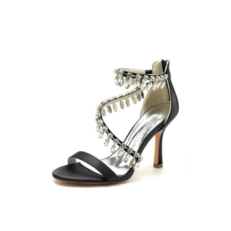Open Toe Crystal Ankle Strap Stiletto Sandals