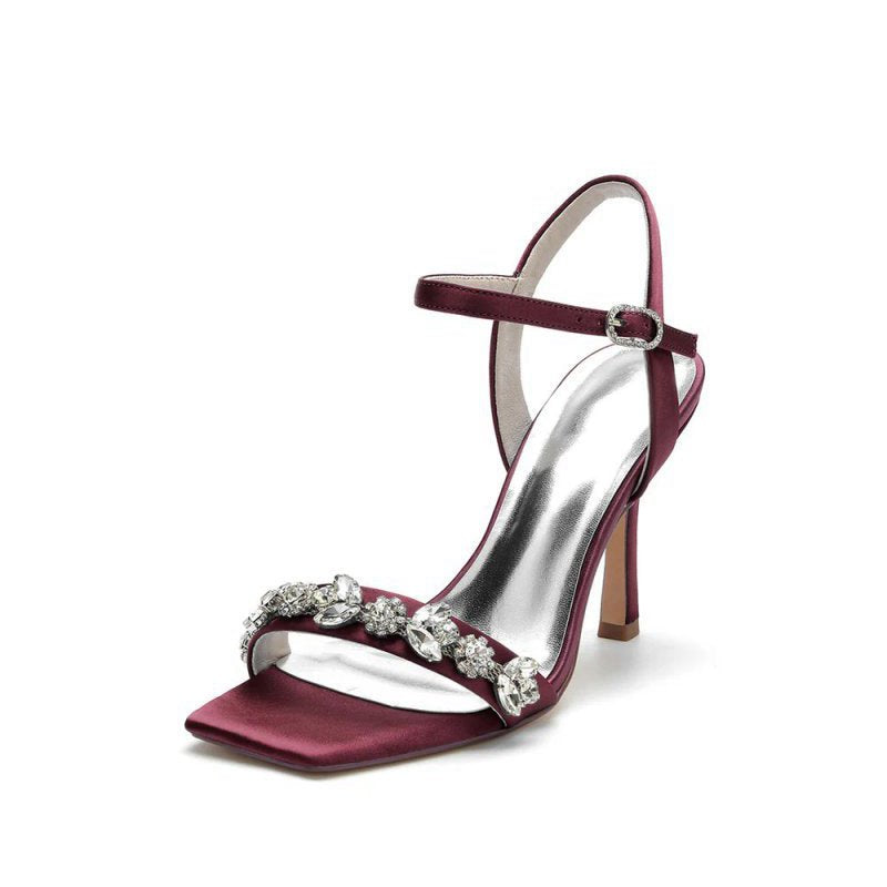 Simple Single Strap Beaded Satin Stiletto Sandals