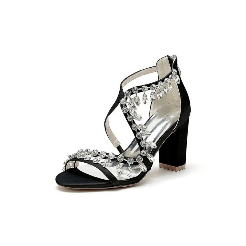Sexy Open Toe Thin Strap Chunky Heels With Rhinestone