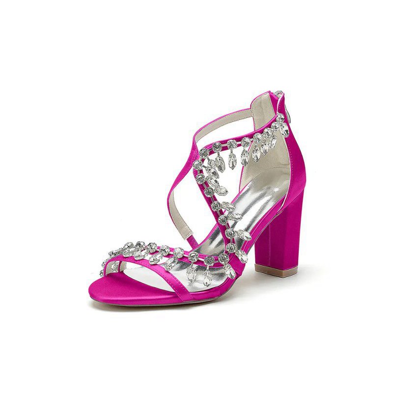 Sexy Open Toe Thin Strap Chunky Heels With Rhinestone