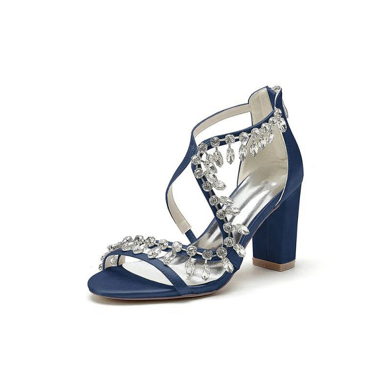 Sexy Open Toe Thin Strap Chunky Heels With Rhinestone