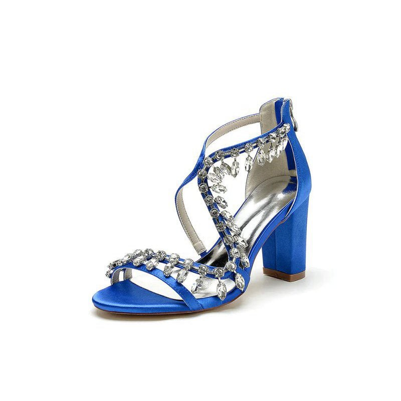 Sexy Open Toe Thin Strap Chunky Heels With Rhinestone