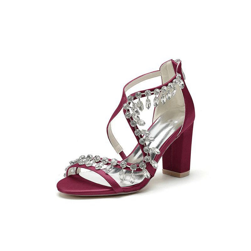 Sexy Open Toe Thin Strap Chunky Heels With Rhinestone