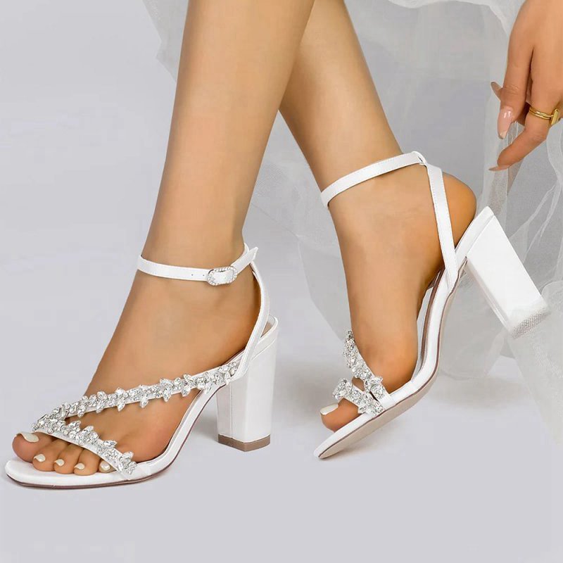 Rhinestone Beaded Ankle Straps Chunky Wedding Shoes