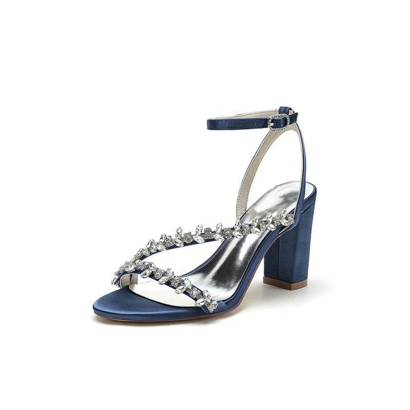 Rhinestone Beaded Ankle Straps Chunky Wedding Shoes