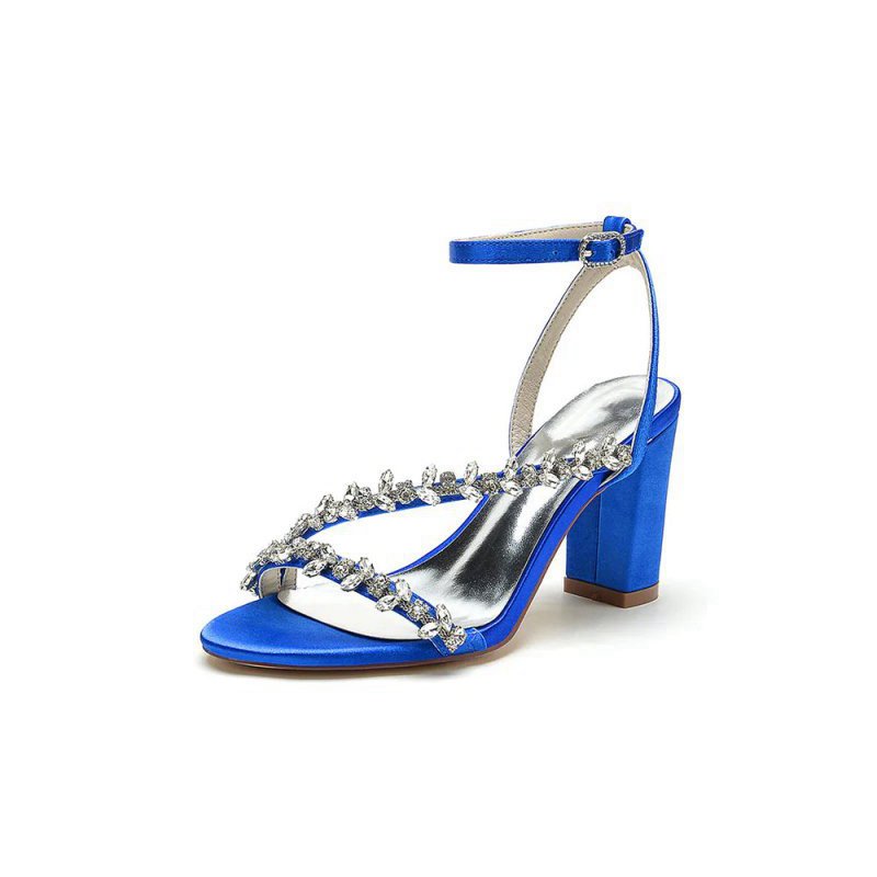 Rhinestone Beaded Ankle Straps Chunky Wedding Shoes