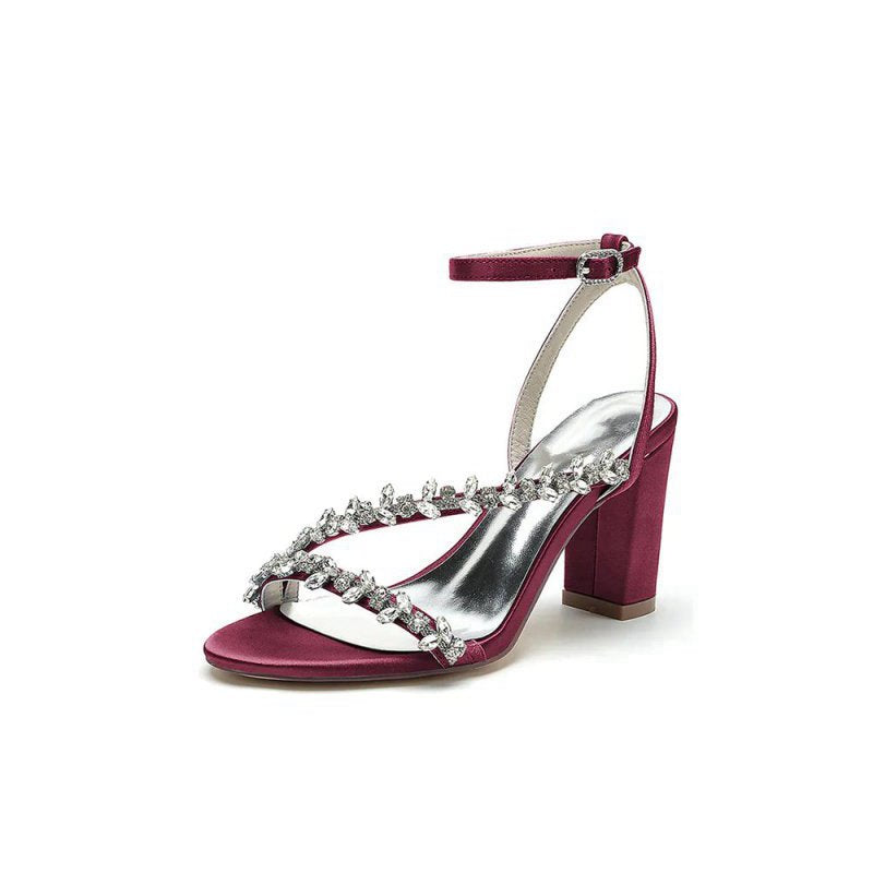 Rhinestone Beaded Ankle Straps Chunky Wedding Shoes