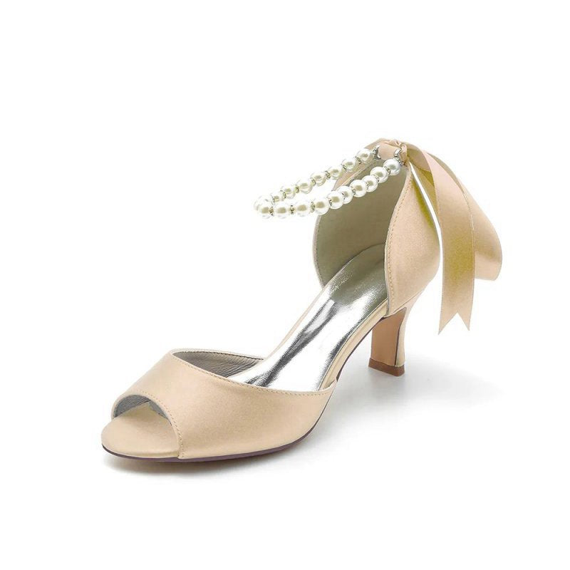 Chic Peep Toe Ribbons Faux Pearl Pumps