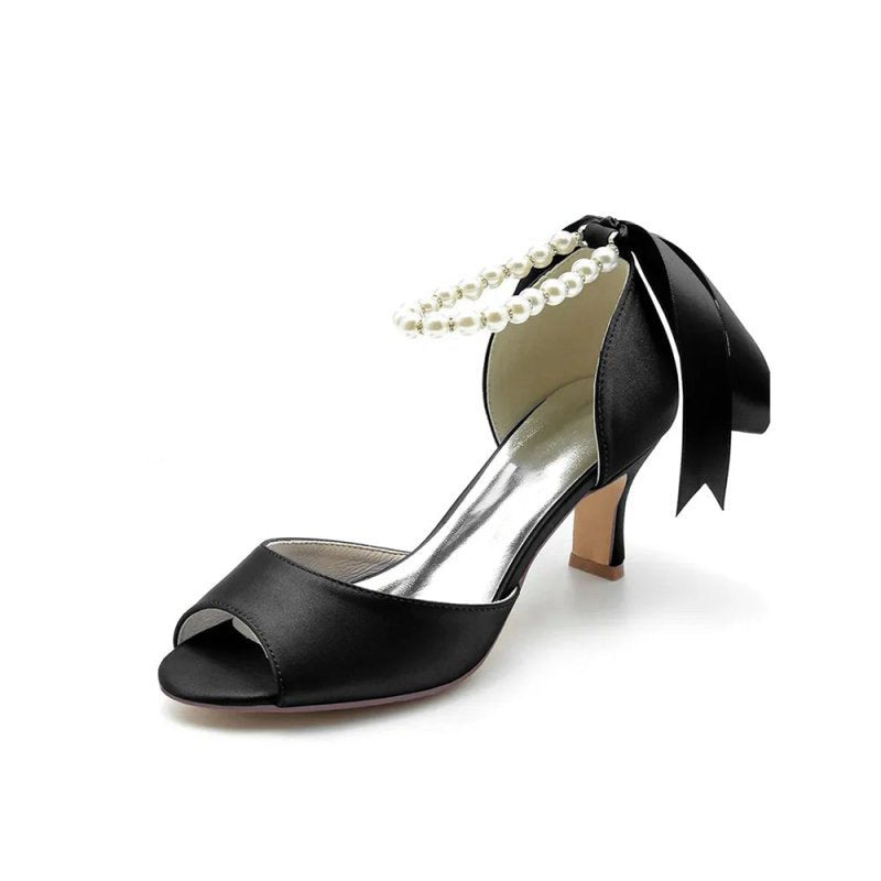 Chic Peep Toe Ribbons Faux Pearl Pumps
