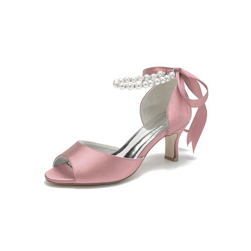 Chic Peep Toe Ribbons Faux Pearl Pumps