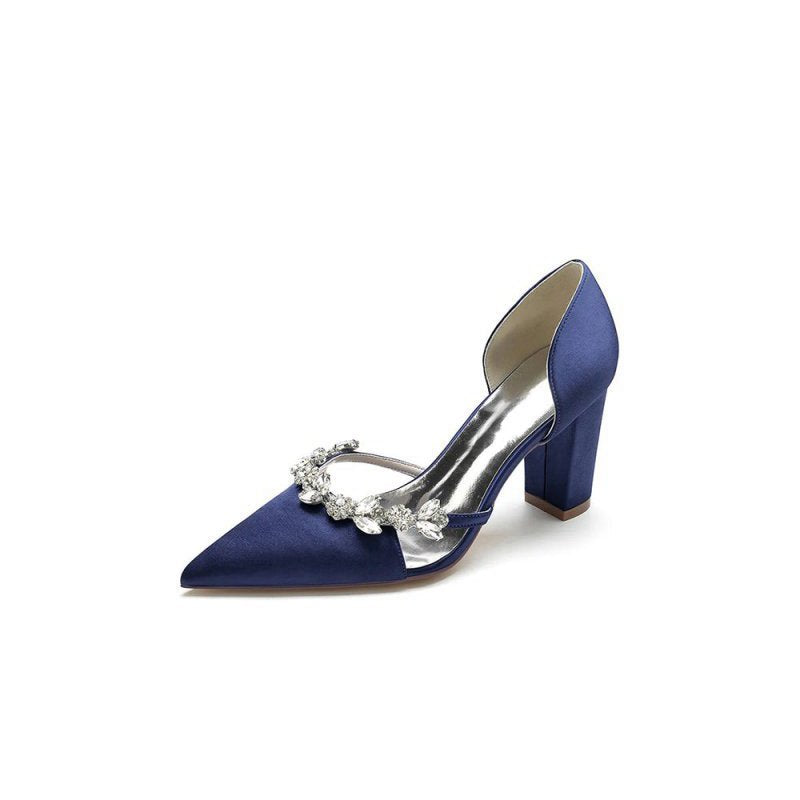 Crystal Strap Pointed Toe Block Heel Sandals