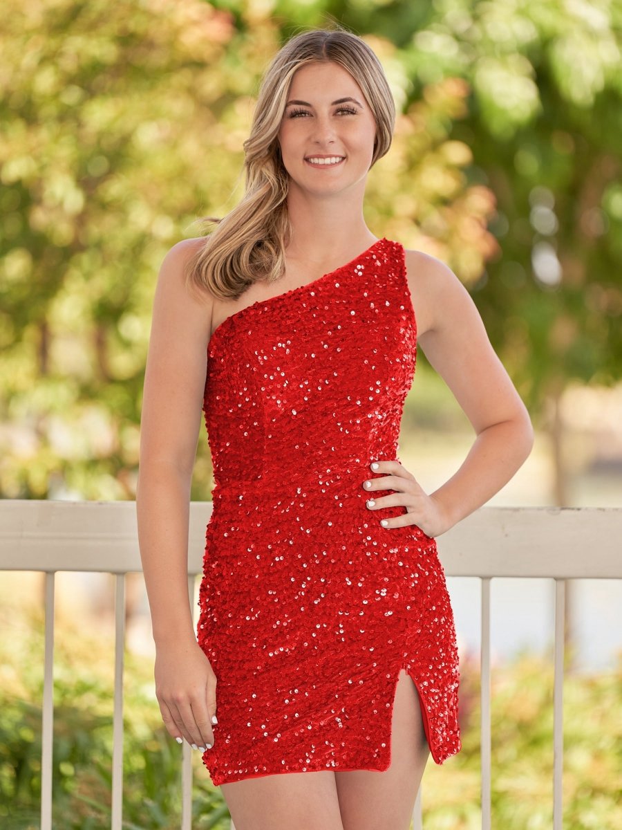 Sheath One Shoulder Sequin Homecoming Dresses with Slit