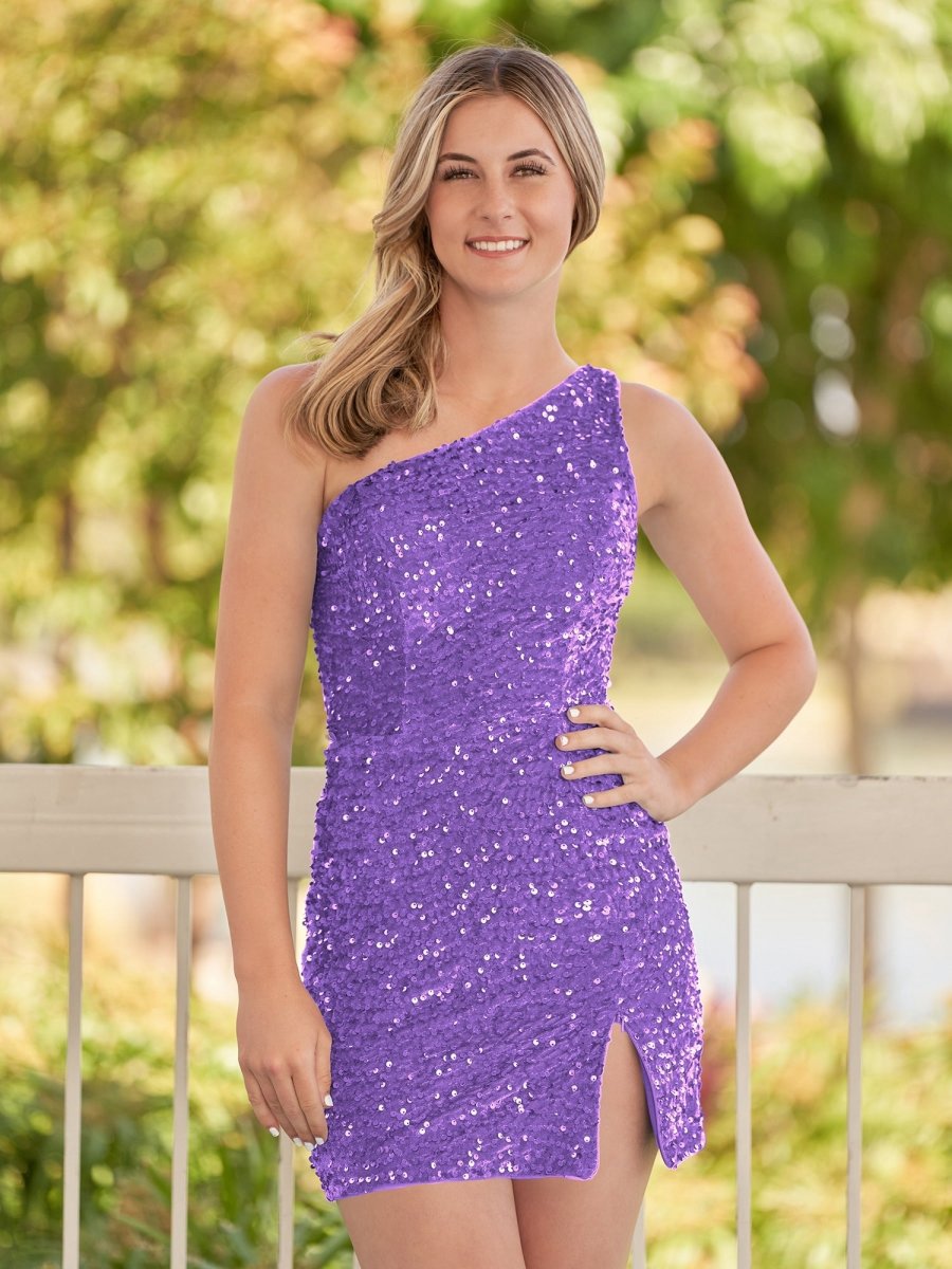 Sheath One Shoulder Sequin Homecoming Dresses with Slit