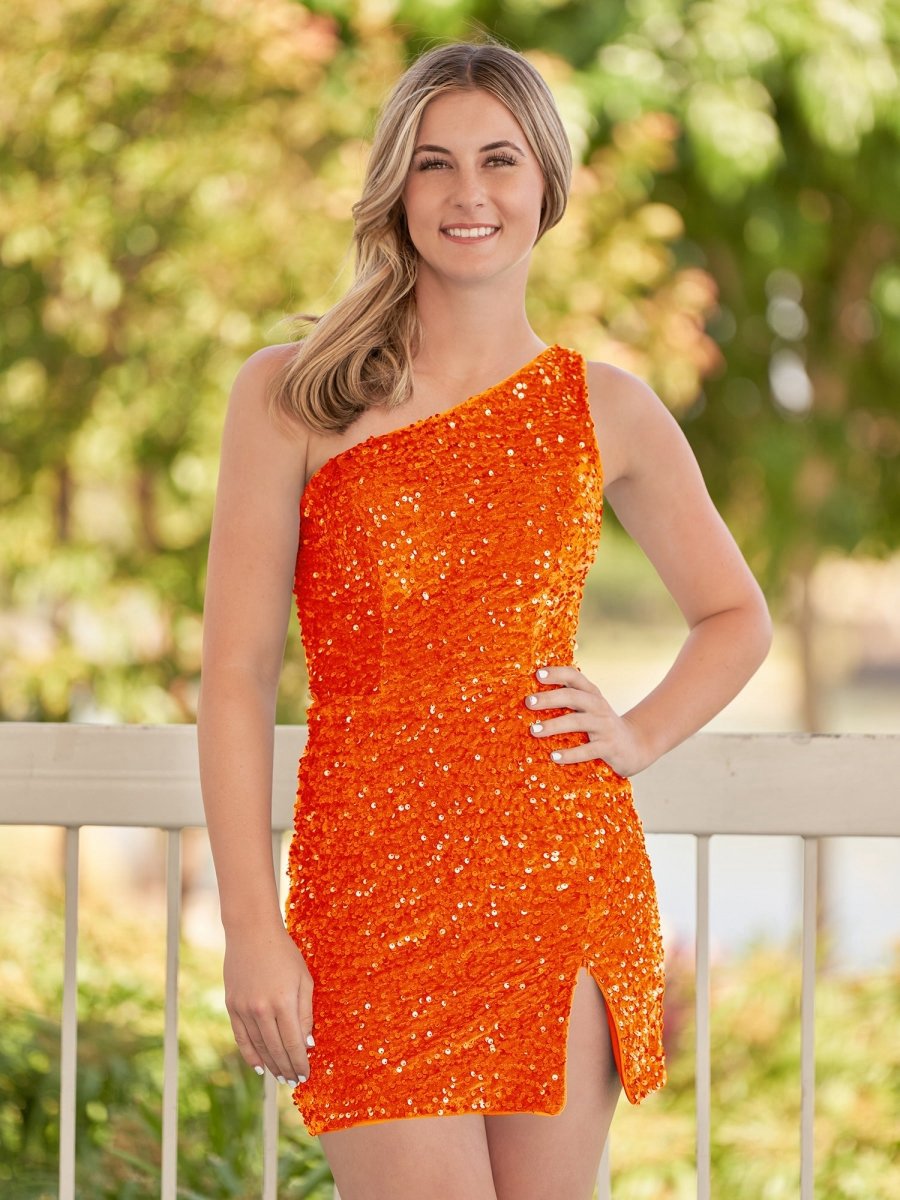 Sheath One Shoulder Sequin Homecoming Dresses with Slit